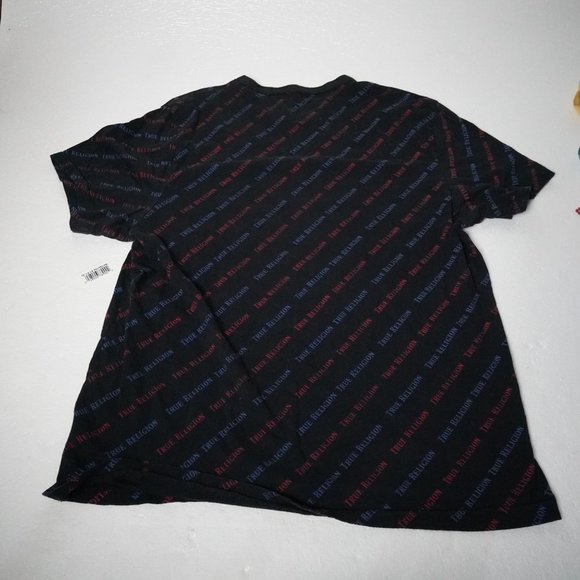 True Religion Brand All Over Logo Tee Black Red Print Size M Cotton Crewneck - Picture 3 of 4